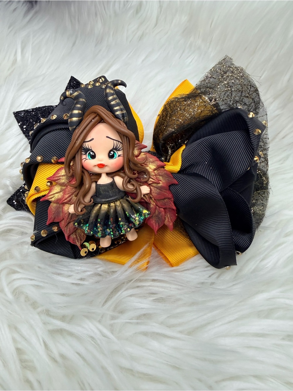 Handmade Black & Yellow Kids Hair Bow with Cute Doll Accent
